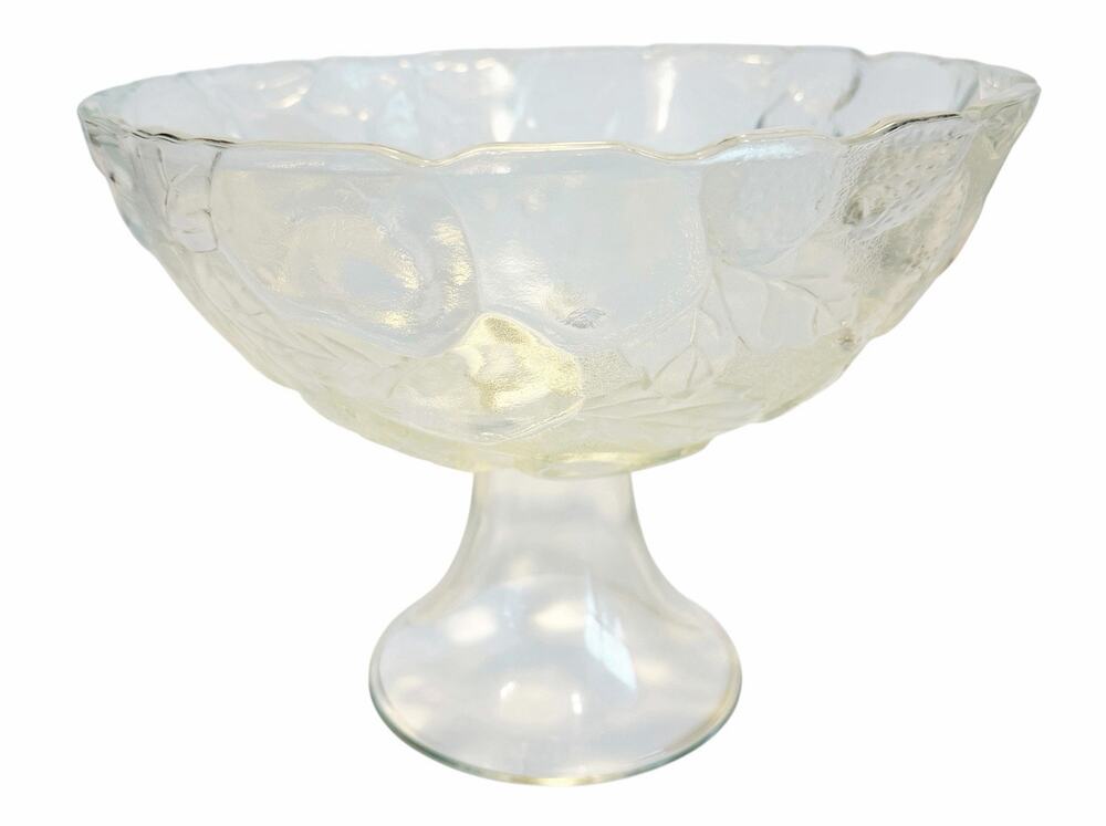 Vintage Discontinued Libbey Heavy Clear Embossed Orchard Fruit Pedestal Bowl